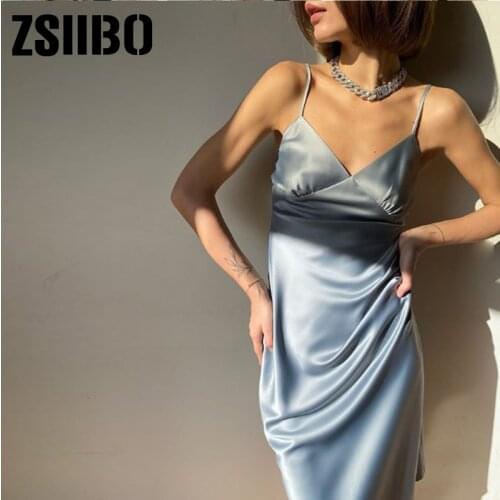 Vrouwen Satin Diepe V-hals Sexy Jurk Solid Straight Pyjama Party Jurk Elegante Vrouwelijke Zomer Spaghetti Band Jurk Toevallige