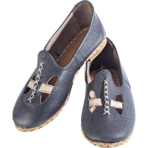 Women Hand Made Comfort Basic Healty Full Leather Shoes Dark Blue