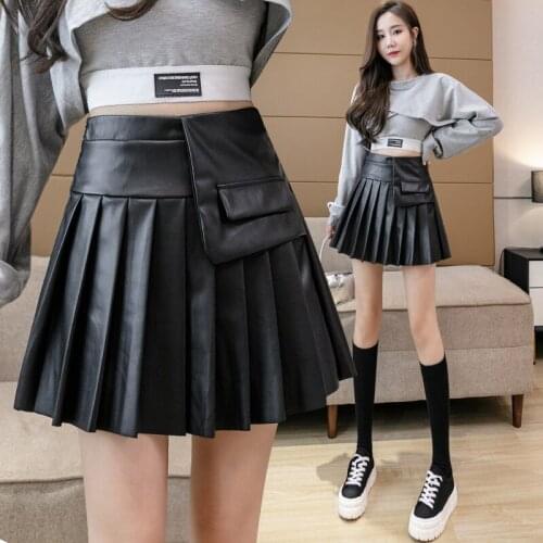 Pleated leather skirt female autumn 2021 new black high waist PU patent leather jk pleated skirt