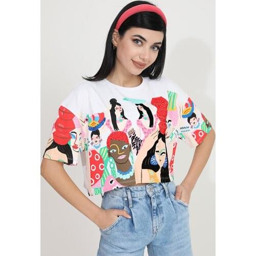 Patterned Stone Embroidered Womens Crop T-shirt