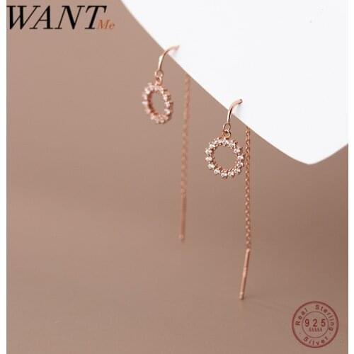 WANTME 925 Sterling Silver Sweet Simple Geometric Round Zircon Piercing Ear Line Earrings Women Romantic Wedding Party Jewelry