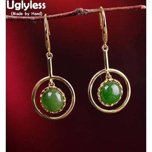 Uglyless Luxury Natural Jasper Green Jade Earrings Women Elegant Party Dress Gemstones Dangle Earrings Real 925 Silver Brincos