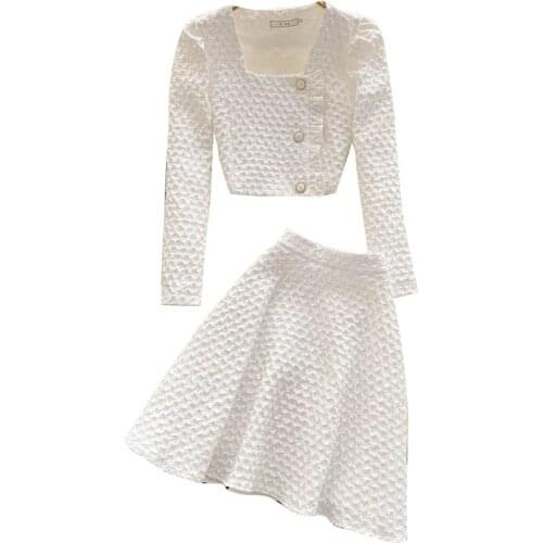 Sweet Skirt Suit Small Fragrant Wind Square Neck Short Top + A-line Short Skirt Half Skirt Two-piece Female