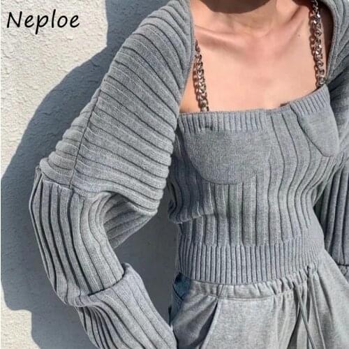 Autumn New Knitted Tops Two-piece Female Chain 3d Camisole + Lantern Long Sleeve Solid Color Open Stitch Cardigans Mujer