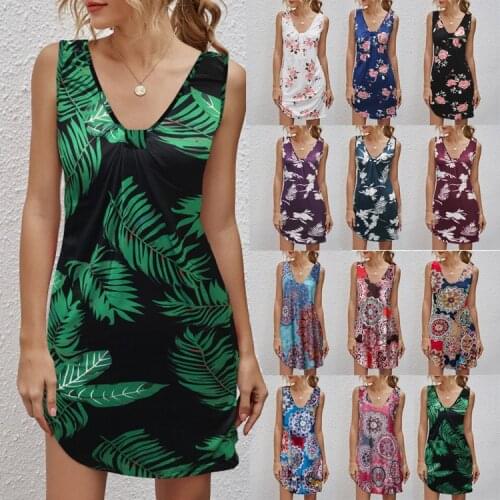 Sleeveless Summer Dress For Women Casual Floral Printed V Neck Loose Plus Size Dress Vintage Female Mini Beach Dresses Vestidos