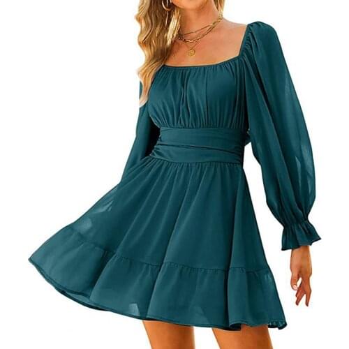 Women Dress Elegant See-through Backless Loose Hem Petal Puff Sleeve Elastic Waist Mini Dress Square Collar Draped Women Dress