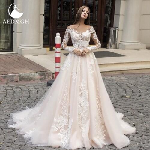 Aedmgh A-Line Wedding Dresses 2021 V- Neck Long Sleeve Court Train Vestido De Novia Charming Appliques Empire Robe De Mariee