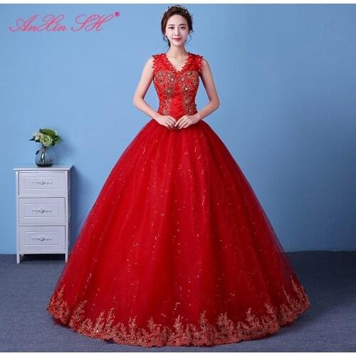 AXJFU luxury red flower wedding Dress princess vintage beading v neck crystal flower turkey bride white lace wedding dress