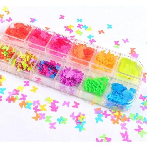 12Set Fluorescence Butterfly Shapes Nail Art Glitter Flakes 3D colourful Sequins Polish Manicure Nail Decoration