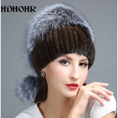 HDHOHR 2020 Fashion Winter Real Fur Hat Women Real Mink Fur Hat With Silver Fox Fur Knitted Beanies New Women Fur Caps