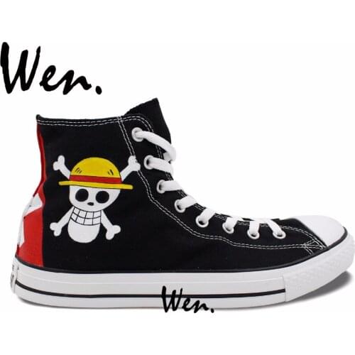 Wen Hand Painted Shoes Anime Design Custom Sneakers One Piece Luffy Jolly Roger Black High Top Canvas Sneakers for Men Women