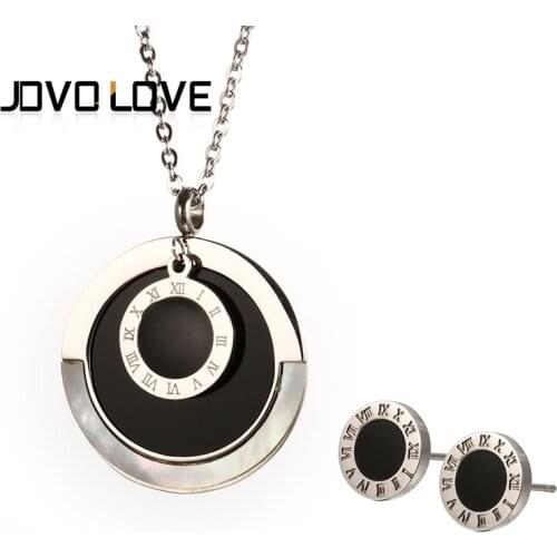 JOVO Charming Stainless Steel Silver Color Necklace & Earrings Jewelry Set for Women Female Roman Numeral Round Earring Necklace