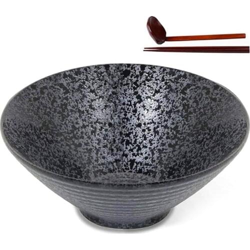 Ceramic Japanese Ramen Soup Bowl with Matching Spoon and Chopsticks, Suitable for Udon, Soba, Large Size