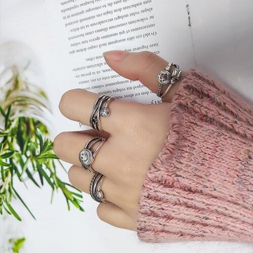 Ckysee Vintage 925 Sterling Silver Rings Punk-Style Party Jewelry Women Lovers Creative Layers Smile Face Closure Finger Rings