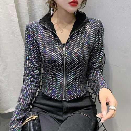 Women Coat Spring Autumn Streetwear Full Short Diamonds Zipper Elastic Slim Jacket Euro-America Style All-match Women Clothes