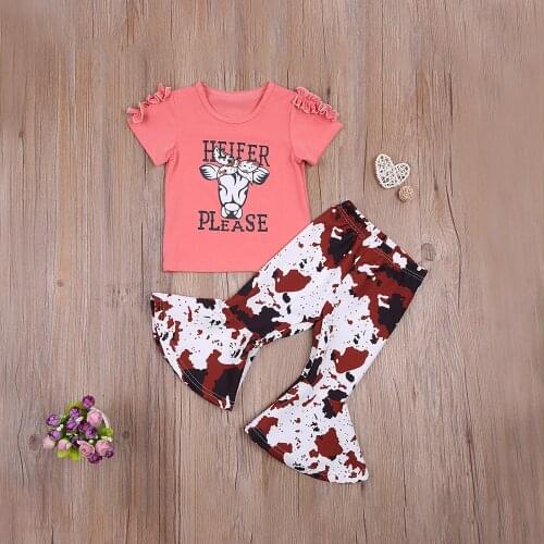 Toddler Kids Girls Summer Clothes Sets Cartoon Letter Print Short Sleeve T-shirts Tie Dye Long Flared Pant 2021 New Fashion