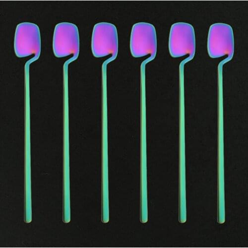 6Pcs 304 Stainless Steel Long-handled Spoon Rainbow Dessert Ice Cream Coffee Spoon Stirring Teaspoons Coffee Spoon Flatware Set