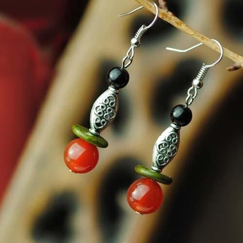 Fashion vintage dangle earrings,Tibetan Silver plated ethnic red stone earrings,nature stones stones earrings