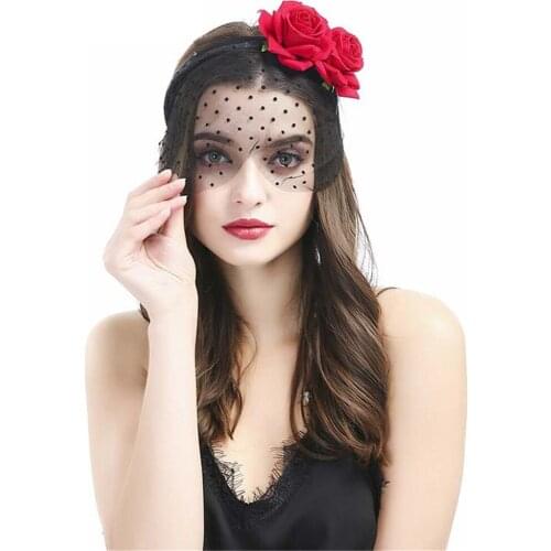 Fashion Women Girl Hairbands Lace Rose Flower Veil Black Eye Mask Hen Party Headwear Hair Accessories Halloween