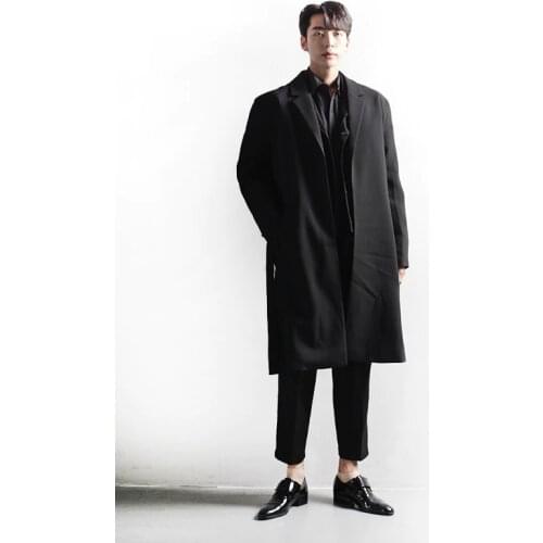 Mens suit coat Korean medium long straight versatile belt suit collar robe coat loose large size top