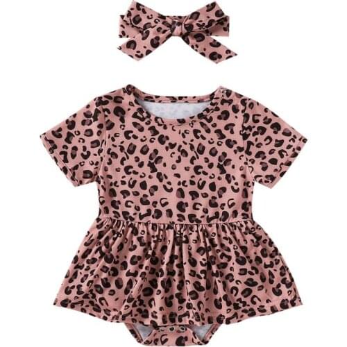 2021 New Baby Girl’s Short Sleeves Romper Summer Fashion Leopard Pattern Skirt Jumpsuits Headband Baby Clothing