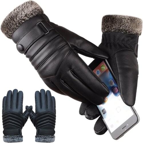 Autumn and Winter Mens Touch Screen Gloves Thicken Plus Velvet Warm Black Cotton Gloves Outdoor Anti-skid Riding Gloves Mittens