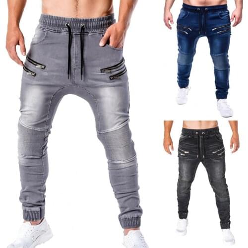 Casual Men Zipper Drawstring Pockets Running Skinny Pants Jeans Jogger Trousers