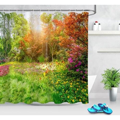 Natural Scenery Shower Curtains Spring Plant Tree Wildflower Bath Curtains Durable Polyester Fabric Bathroom Curtain Waterproof