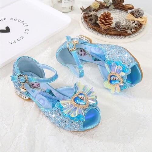 Disney girls sandals high-heeled summer new slippers frozen elsa fish mouth sequins princess beach girl show shoes