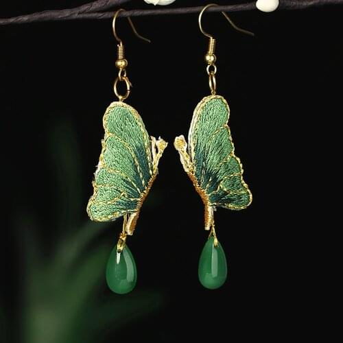 Fashion Creative Embroidery Butterfly Colored Glass Drop Pendant Stud Earrings For Women Elegant Retro Ethnic Style Earrings