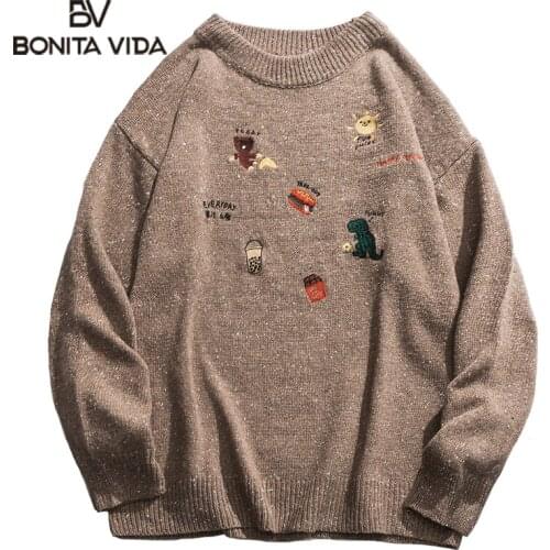 Bonita Vida Embroidery Dinosaur Hamburger Bear Pullover Knitted Sweaters Harajuku Casual Knitwear Jumper Tops Hip Hop Streetwear