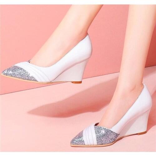 Sexy Womens Genuine Leather Pointed Toe Party Pumps Wedge Heel Slip On Shiny Bling Bling Wedding Party Shoes 34-42