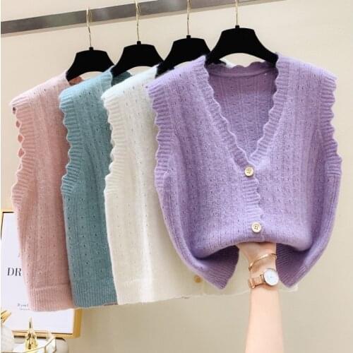 Sweater Vest Women Solid Simple Elegant Korean Knitted Open-stitch All-match Preppy Style Loose Fashion V-neck Sleeveless