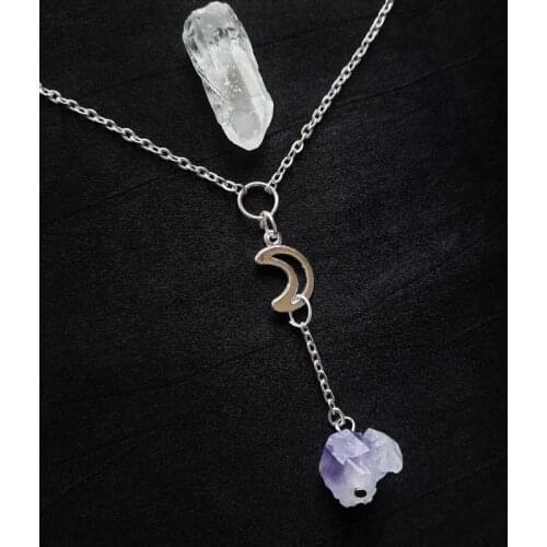 Goth Purple Raw Crystal Moon Chain Choker Witch Necklace Punk Gothic Pendant Grunge Jewelry Wiccan Women Gift Fashion Statement