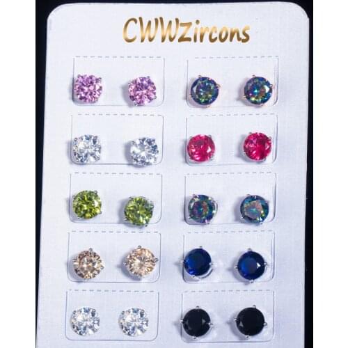 CWWZircons 10 Pair Classic Fashion Shiny Round Cut Cubic Zirconia Earrings for Women Everyday Jewelry Gift Wholesale CZ680