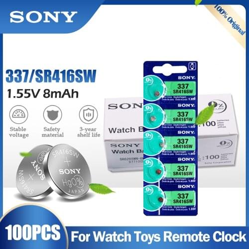 100PCS Sony Original 337 SR416SW SR416 LR416 V337 GP337 1.55V Silver Oxide Battery For Watch Hearing Aid Toys Button Cell Coin