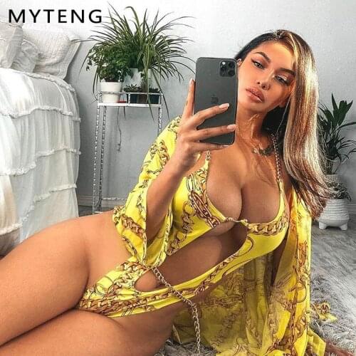 2021 New Womens Retro Print One Piece Swimsuit Chain Style Bodysuit Swimwear Push Up Bathing Suit Micro Mini Thong Monokini