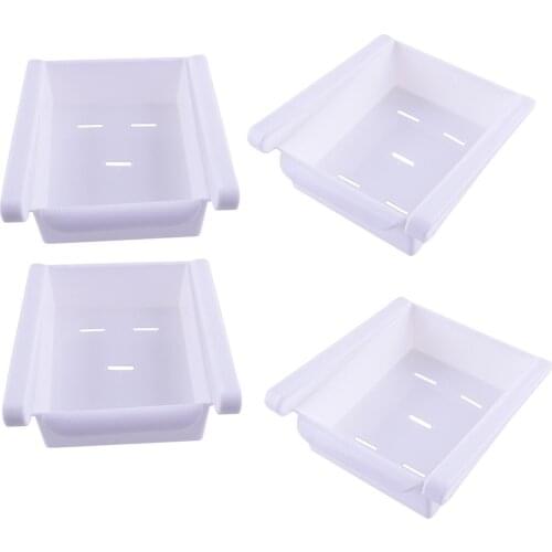4Pcs White Plastic Refrigerator Fridge Space Saver Storage Organizer Boxes Holders Shelves Racks