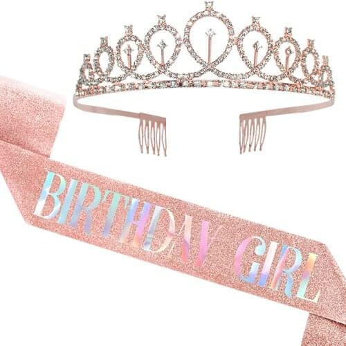 Birthday Girl Satin Sash Ribbon Birthday Queen Rose Gold Rhinestone Crystal Crown For Anniversary Adult Birthday Party Supplies
