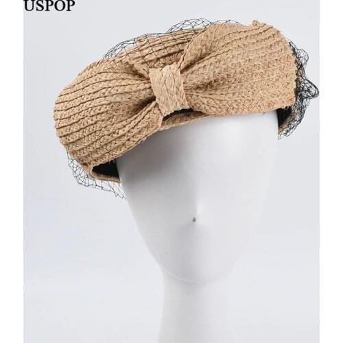 USPOP summer hats women berets raffia straw beret mesh yarn big bow berets