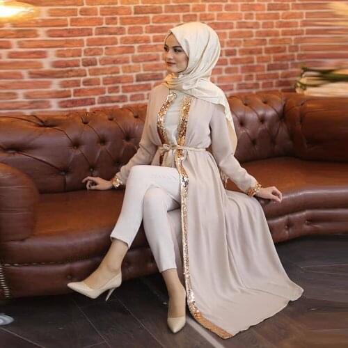 Ramadan shiny sequined beading kimono muslim Abaya Hijab Muslim Dress female opened Islamic Kaftan Robe Musulman Abayas F1569