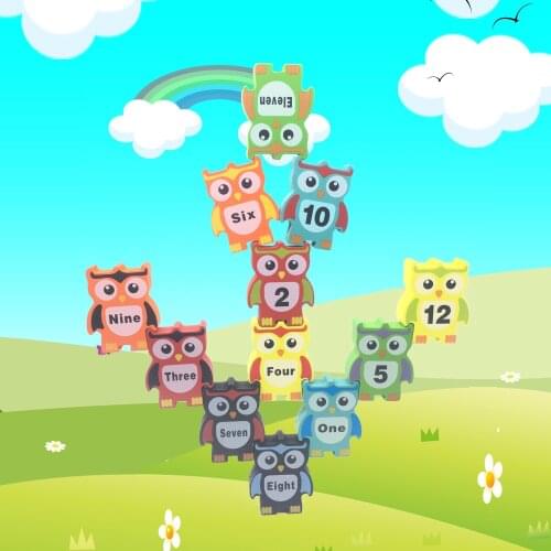 Cross border sales of childrens educational building blocks toys stacked high wood large color stacked music digital Owl