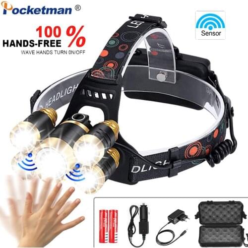 New LED Sensor Headlamp T6 Powerful Waterproof Headlight Zoomable Head Torch Head Flashlight Lantern with 18650 Battery