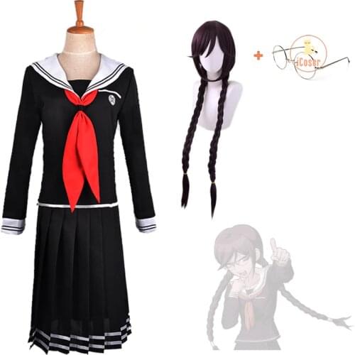 Danganronpa Toko Fukawa Cosplay Costume Round Glasses Dark Purple Wig Skirt Set Dangan Ronpa Sailor Suit Japanese School Uniform