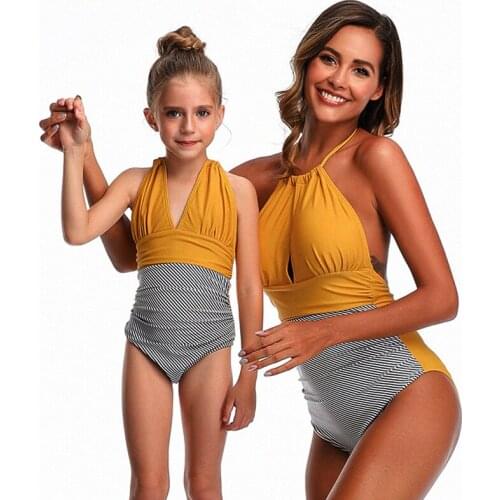 Family Matching Swimwear Women Baby Girls Clothes 2021 Mom And Daughter Swimsuit New Summer Backless Bikini One-Piece Swimsuit