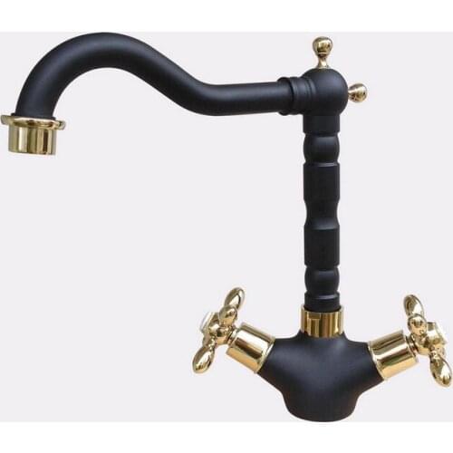 Black & Gold Color Brass Swivel Spout Double Cross handles Kitchen Bar Bathroom Vessel Sink Basin Faucet Mixer Tap anf808