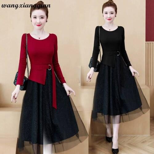 New Promotional Large Size Womens Thickened Dress Autumn Winter Mesh Receive Waist Over The Knee Mid-length Dress Female A639