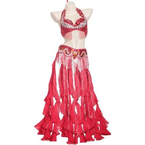 New Women Belly Dance Costume Outfit Set Belly Dance Bra Top & Belt Hip Scarf 2 Pieces Suit Ladies Bollywood Dance Clothes