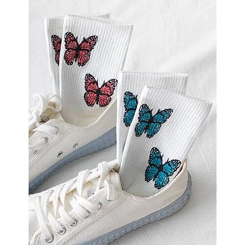 New Butterfly Socks Womens Street Style Black And White Harajuku Fashion All Cotton Socks European And American Size 35-41