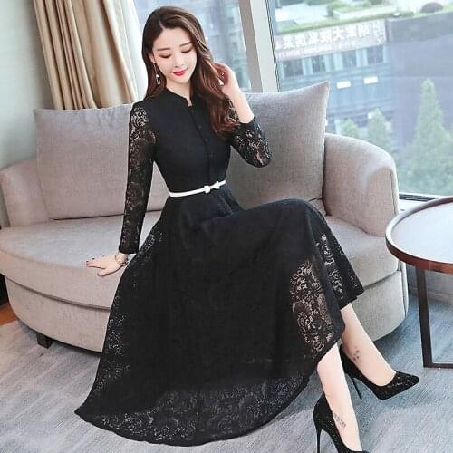 2021 Autumn Winter Elegant Bodycon Black Maxi Dress Party Long Sleeve Vintage Lace Midi Dresses Women